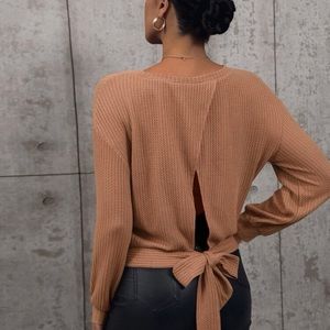 wrap tie back waffle knit drop shoulder pullover
